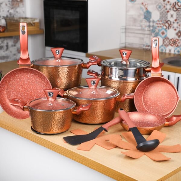 GOLDEN HOUSE Batterie De Cuisine En Granite 18 Pièces Effet Cuivre